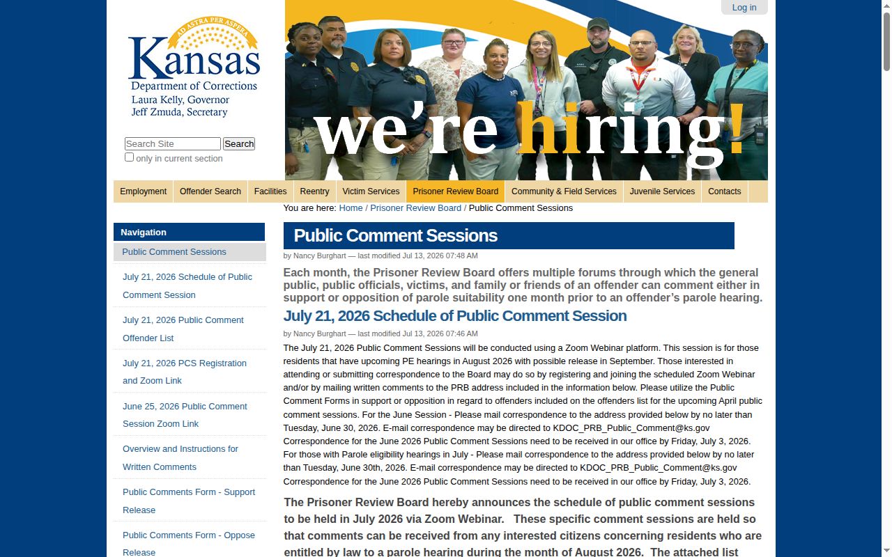 Kansas Prisoner Review Board public-comment calendar
