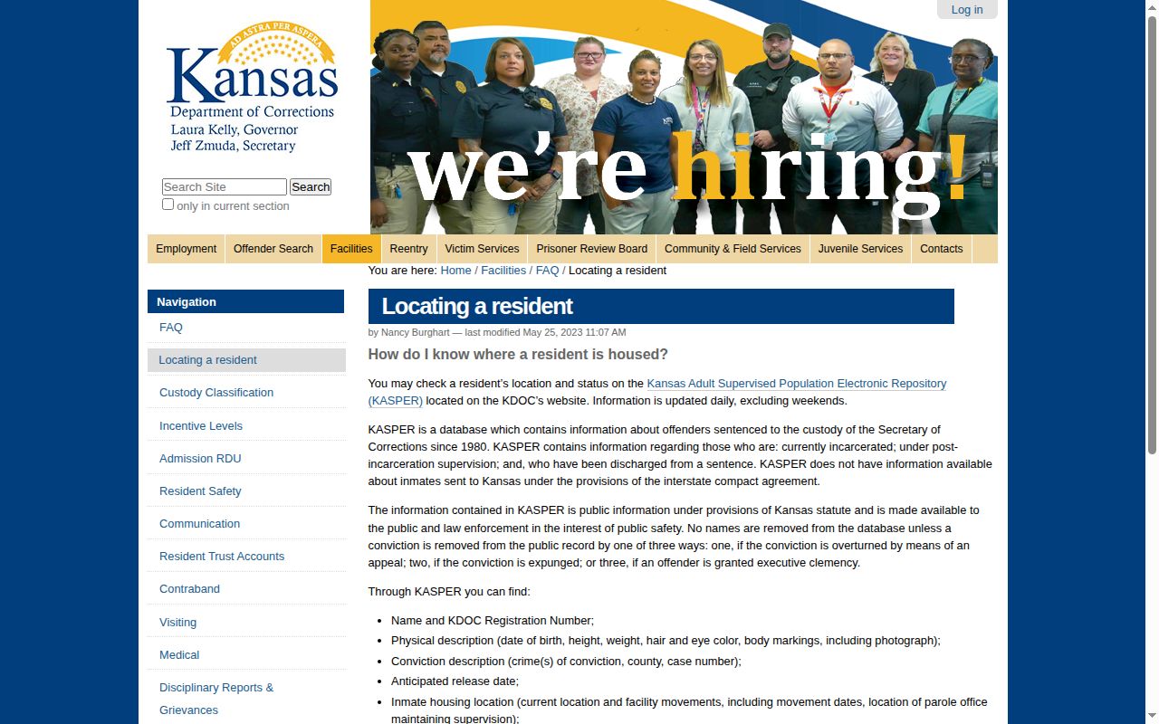 KDOC locating guidance explaining KASPER release-date information