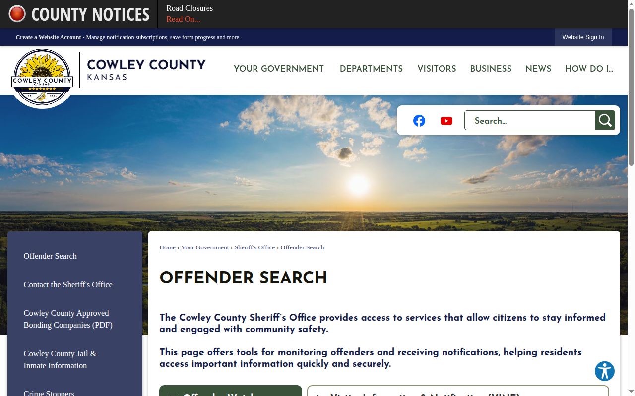 Cowley County release app doorway distinguishing VINE and OffenderWatch
