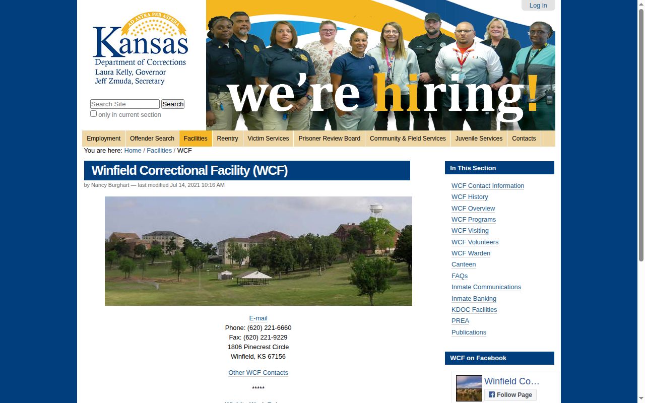 Winfield Correctional Facility official release contact page