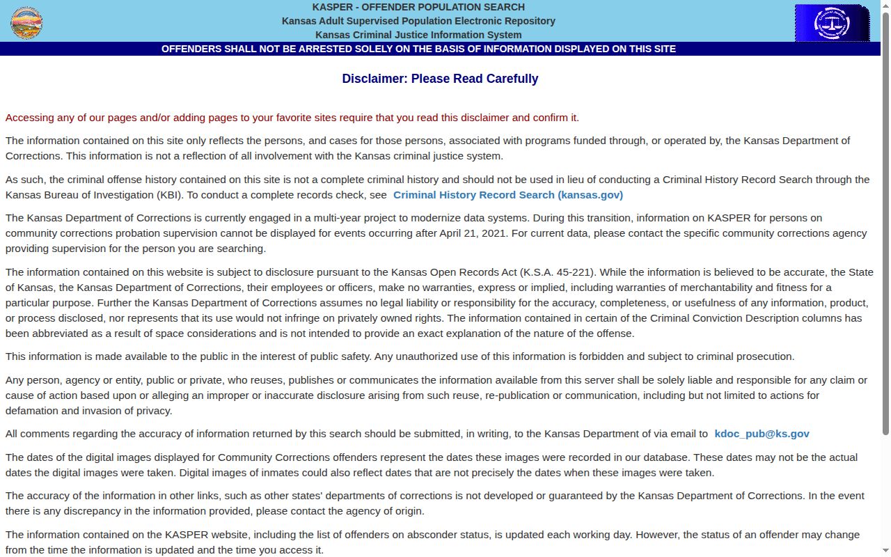 KASPER Winfield Correctional Facility release search fields